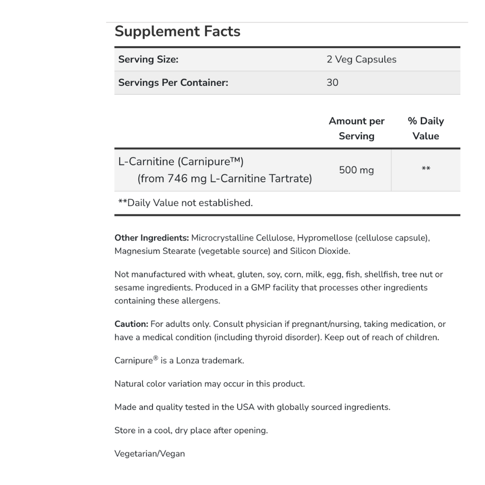 L-Carnitine 250 mg Veg Capsules