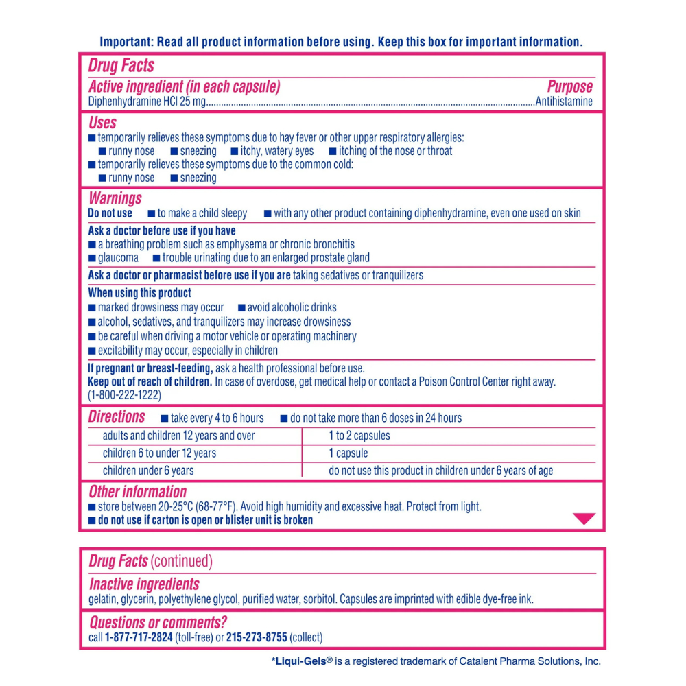 BENADRYL Allergy Antihistamine Dye-Free LIQUI-GELS with Diphenhydramine HCl 25 mg