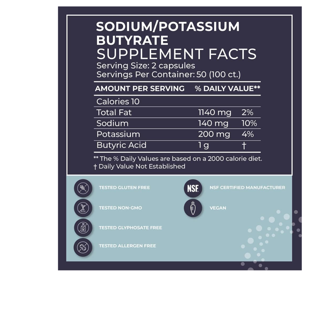 Sodium/Potassium Butyrate, 100 Non-GMO Capsules