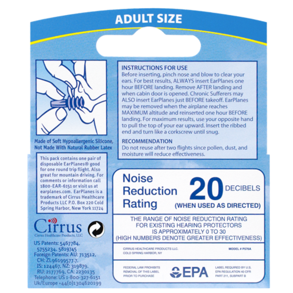 EarPlanes, the original pressure preventing earplug, ADULT