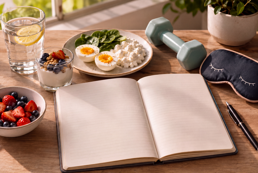 Open blank journal beside a plate of eggs, spinach and cottage cheese, a dumbbell, berries and a sleep mask on a sunny table