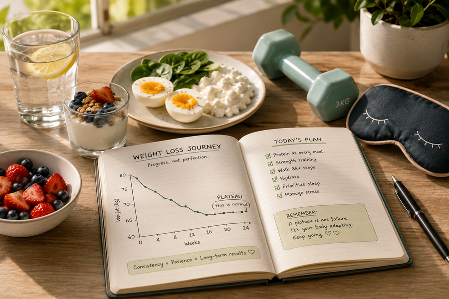 Open weight-loss journal showing a temporary plateau beside protein-rich foods, exercise equipment, and sleep essentials on a bright kitchen table.