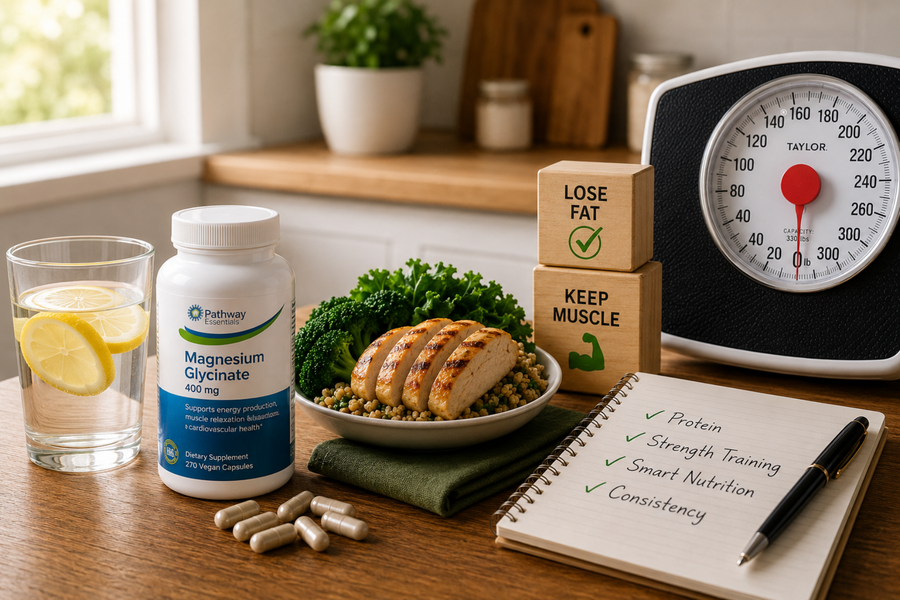 Magnesium glycinate supplement displayed beside a protein-rich meal, lemon water, and a wellness checklist, with a weight scale in the background symbolizing healthy fat loss and muscle maintenance.