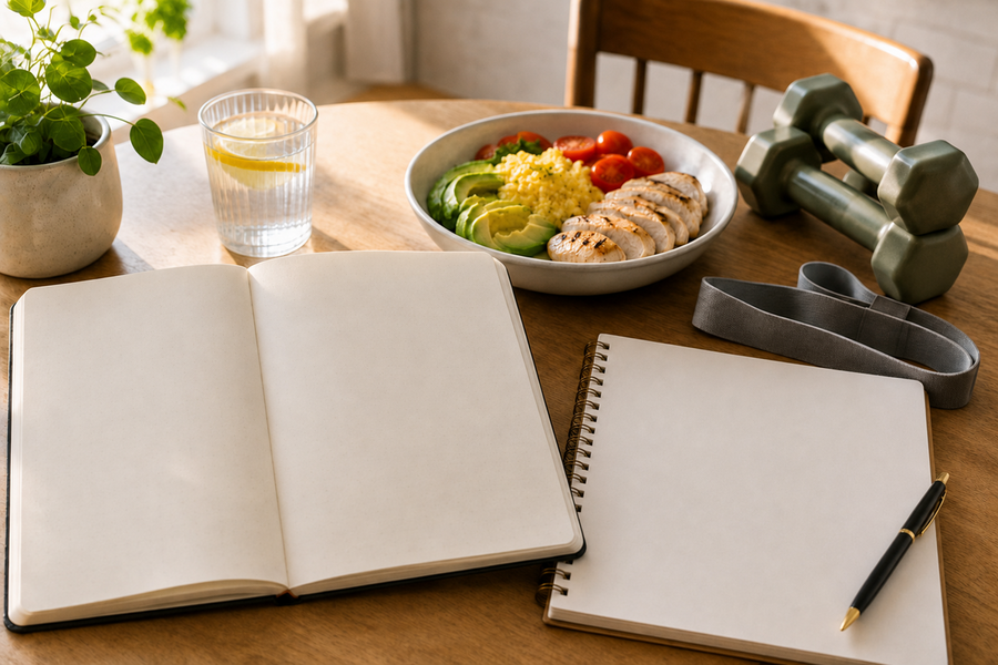Maintenance journal showing stabilized weight graph, healthy protein bowl, dumbbells and weekly plan for GLP-1 goal upkeep