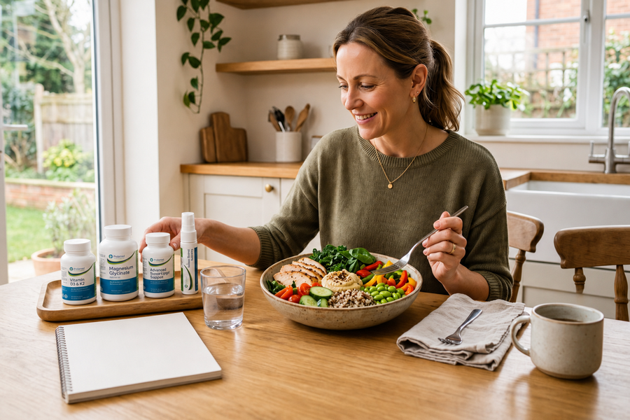 Woman at kitchen table eating balanced quinoa, chicken and veggie bowl while reaching for wellness supplement bottles