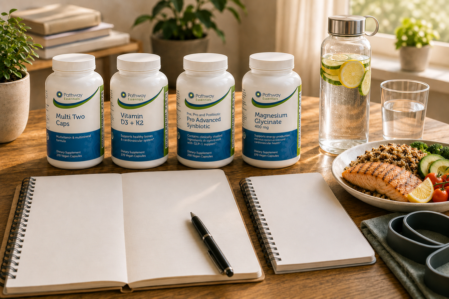 Village Green supplements beside salmon meal, infused water, and GLP-1 journey planner on sunlit table