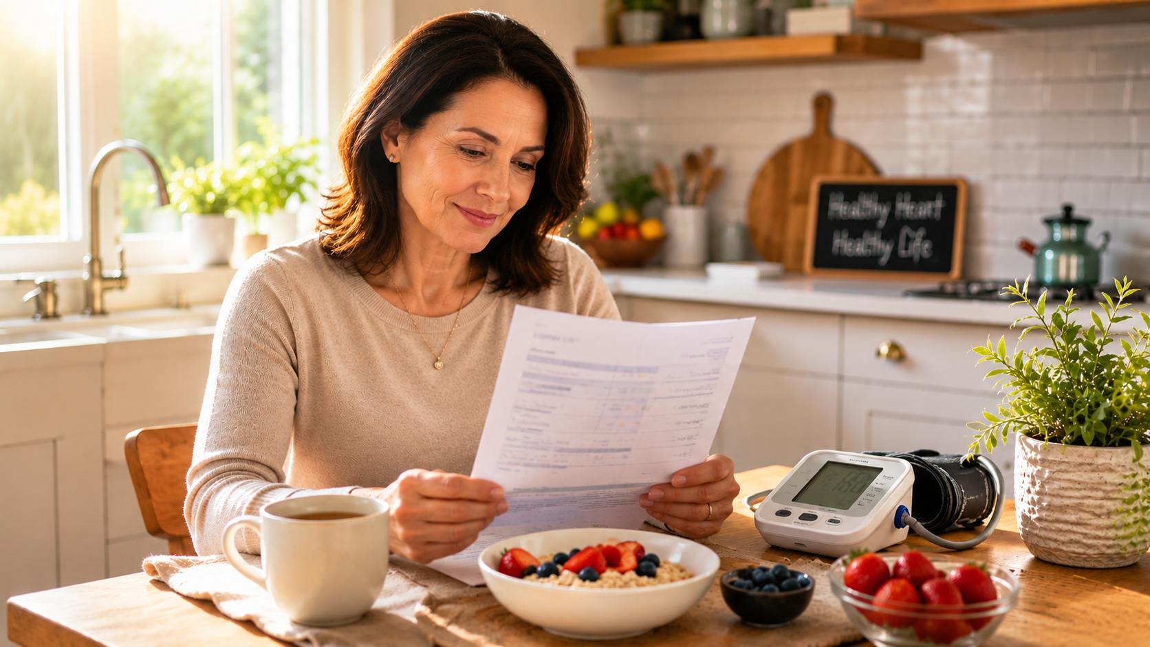 A woman reviews lab results at a sunlit kitchen table with tea, berries, oatmeal, and a blood pressure monitor, highlighting heart health during perimenopause.