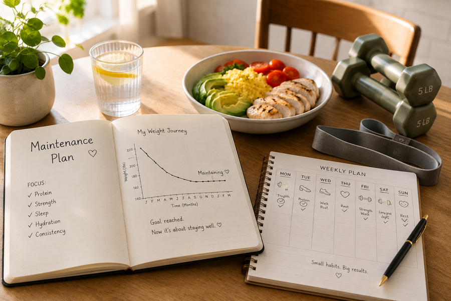 Open maintenance journal with a stabilized weight-loss graph beside a healthy breakfast, exercise equipment, and a weekly planner, illustrating long-term success on a GLP-1 program.