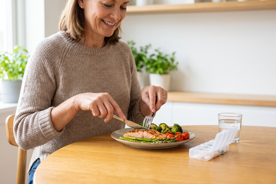 Woman in her fifties eating grilled salmon and vegetables at a sunlit kitchen table with a weekly pill organizer