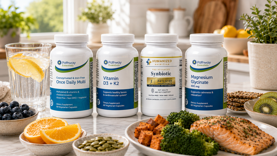 Four supplement bottles are displayed on a bright kitchen countertop alongside healthy foods, including salmon, broccoli, citrus fruit, seeds, and berries. Natural sunlight and greenery create a clean, wellness-focused lifestyle scene.