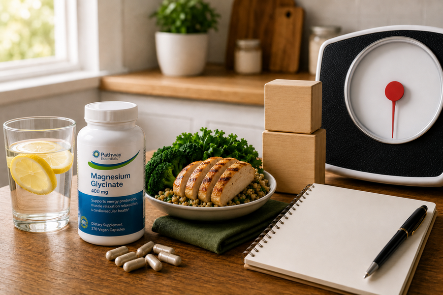 Magnesium glycinate supplement, lean chicken meal, scale, and fitness goals notebook for GLP-1 weight loss