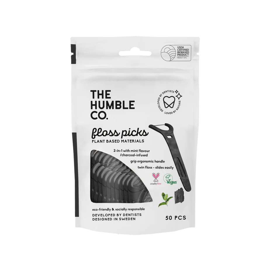 Dental Floss Picks With Grip Handle Charcoal - The Humble Co.