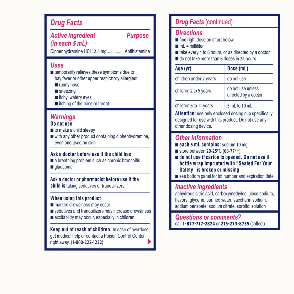 Children’s BENADRYL Dye-Free Allergy Liquid Diphenhydramine Antihistamine Allergy Medicine