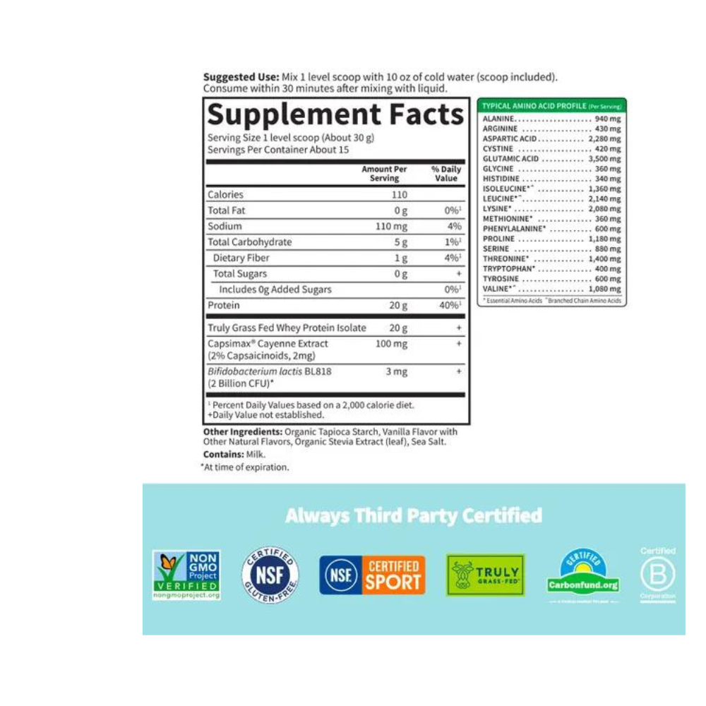Sport Grass Fed Whey+ Weight Management Protein Powder - Vanilla