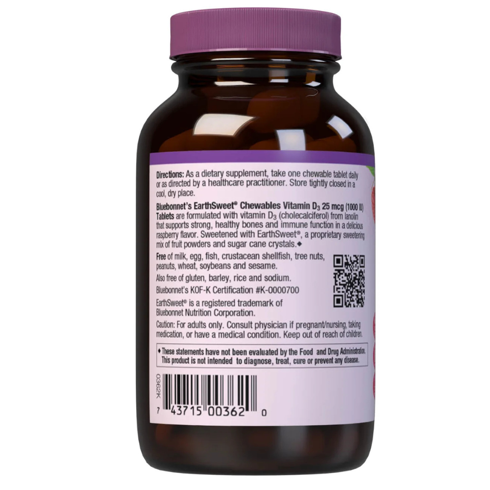EARTHSWEET CHEWABLES VITAMIN D3 1000 IU - Raspberry Flavor